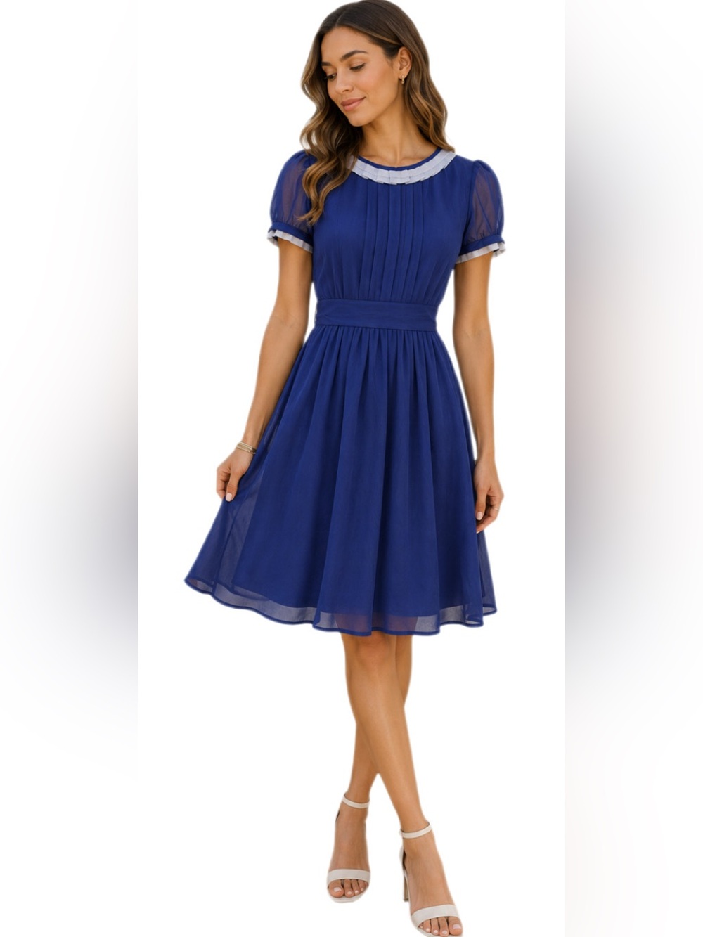 Clovis Blue Chiffon Dress Puff Sleeve Pleated Tie Back Fit Flare Size M